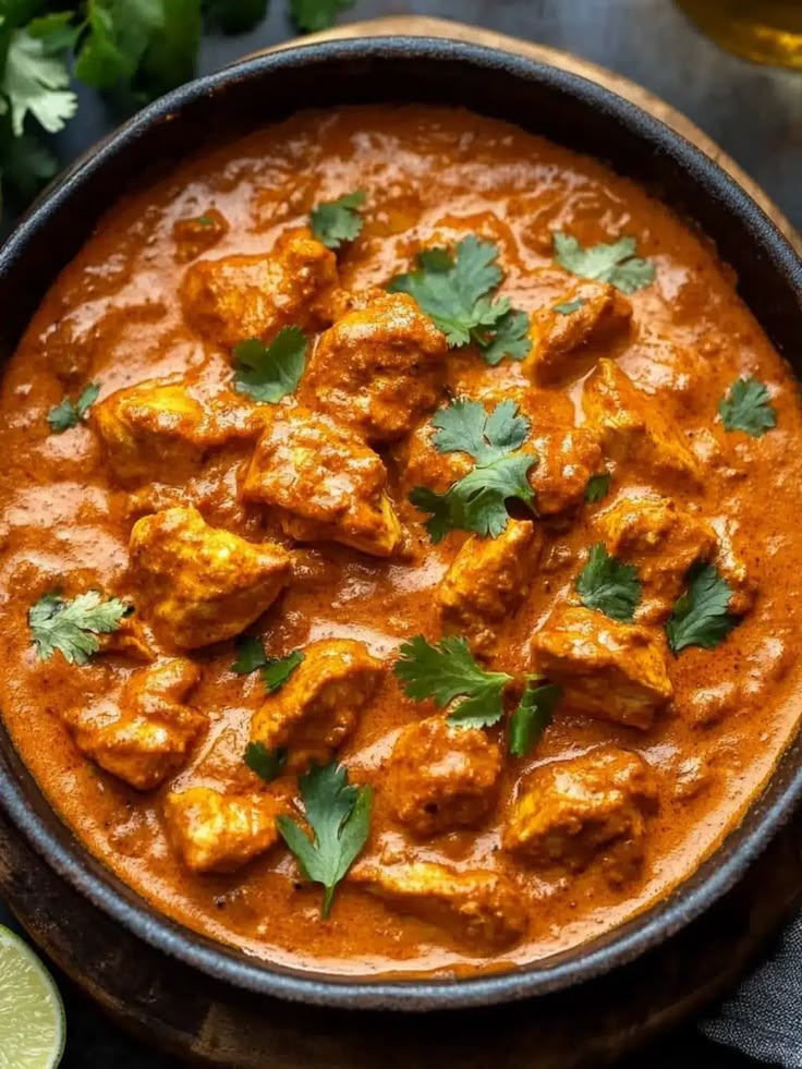 Chicken tikka masala simmered in creamy tomato gravy with cilantro